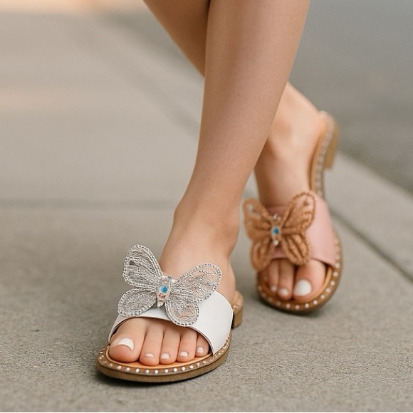 Italina Pink Single Strap Silver AB Rhinestone Butterfly Studded Flatform Sandal - Picture 4 of 7